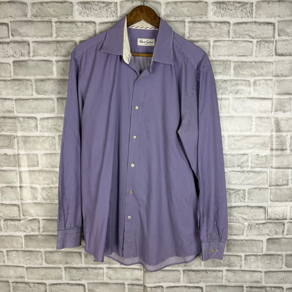 Robert Graham Mens Purple White Striped Long Sleeve Button Down Shirt Size 17.5
